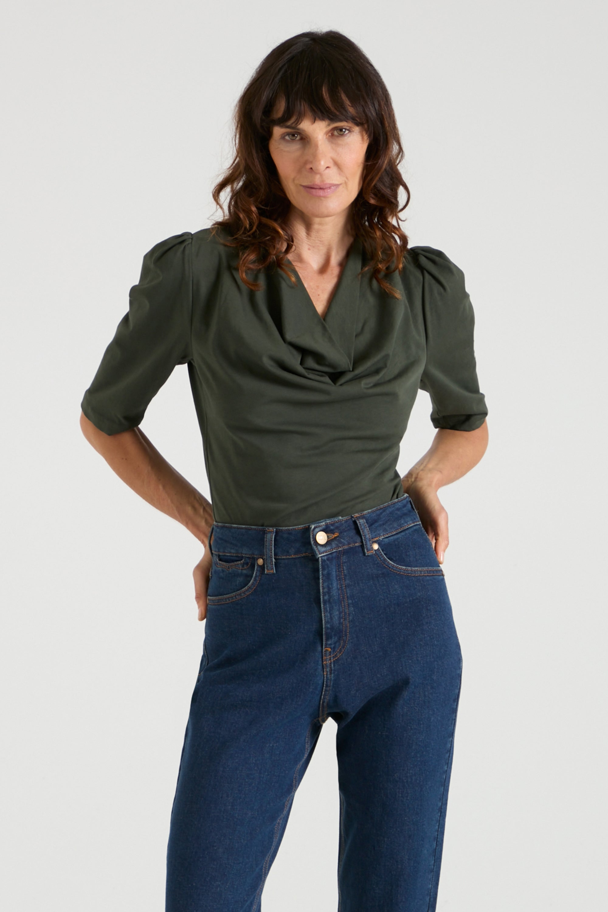 The Fiona Tee The Puff Sleeve Cowl Neck Tee | Forest [Dark Green]