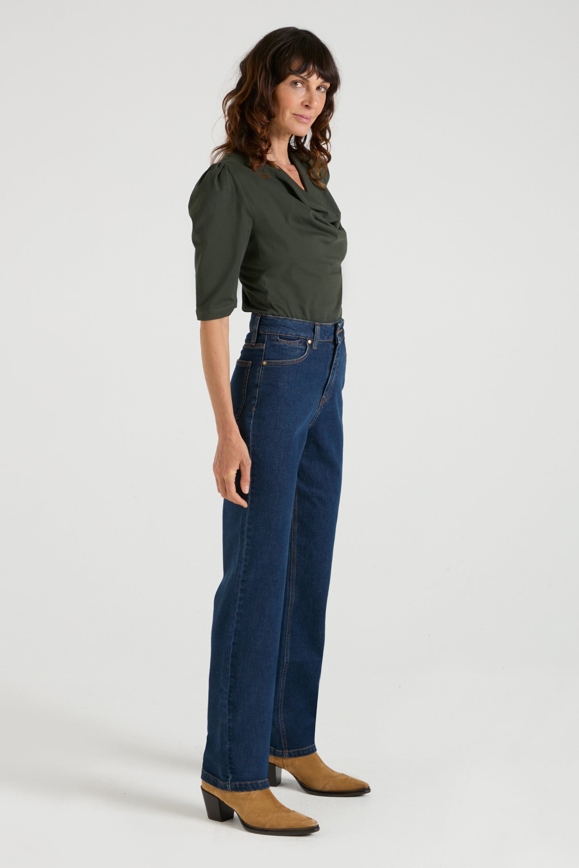 The Fiona Tee The Puff Sleeve Cowl Neck Tee | Forest [Dark Green]