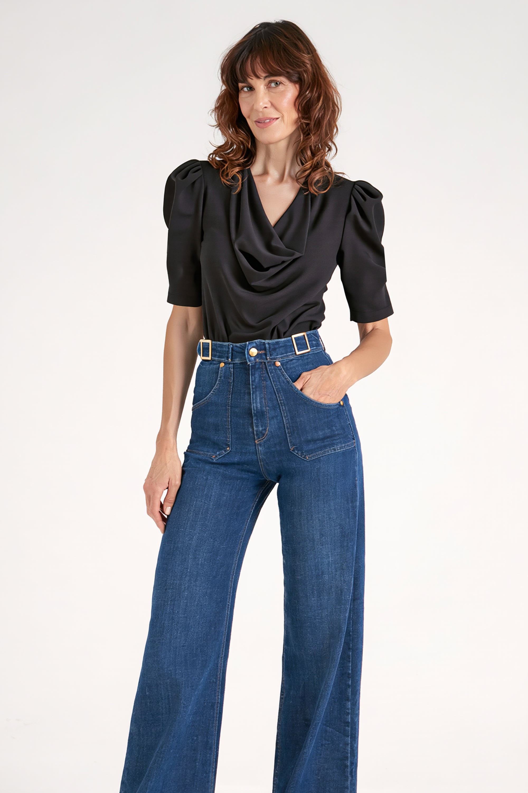 Fiona The Puff Sleeve Cowl Neck Tee | Noir [Black]