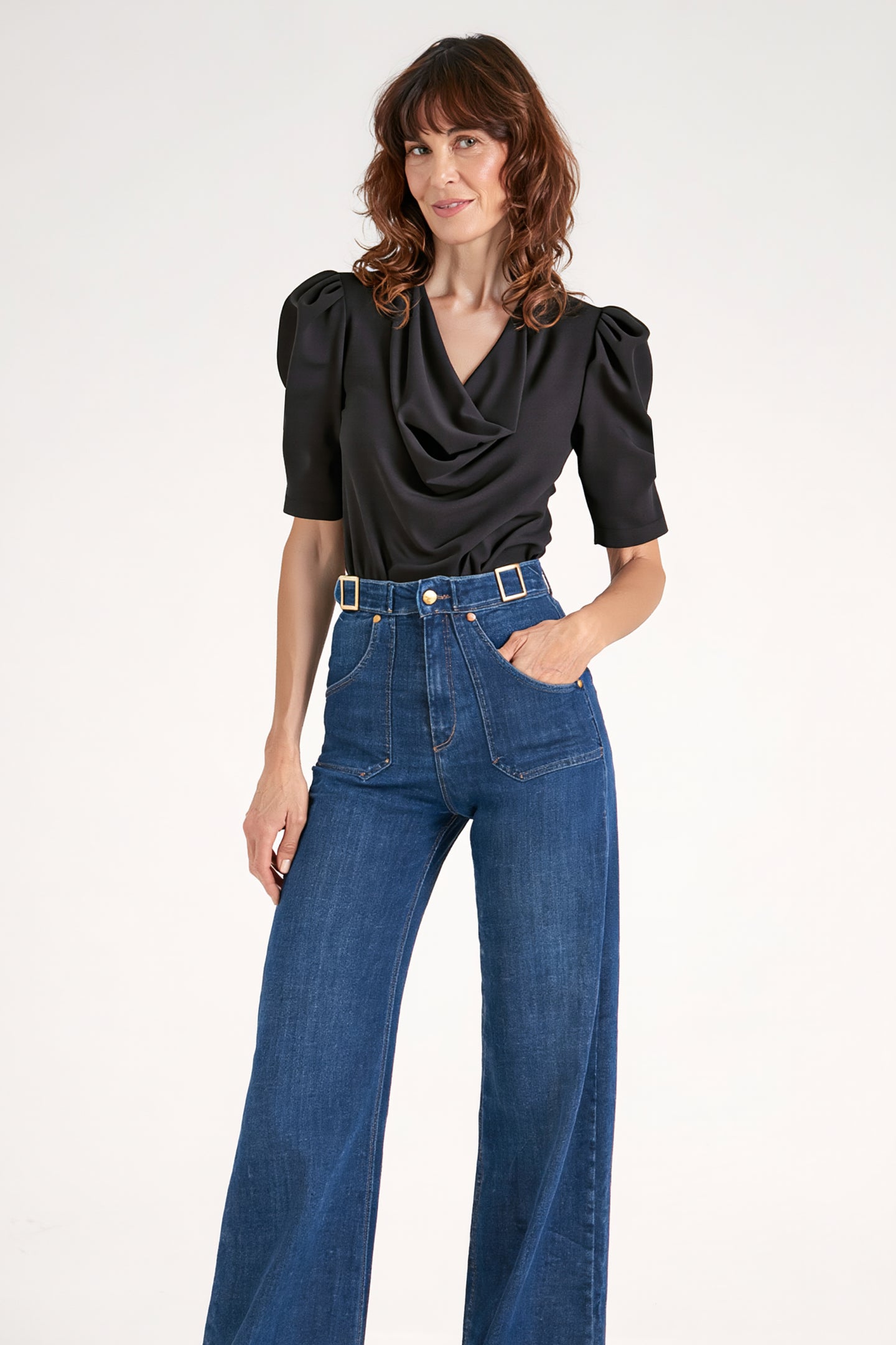 Fiona The Puff Sleeve Cowl Neck Tee | Noir [Black]