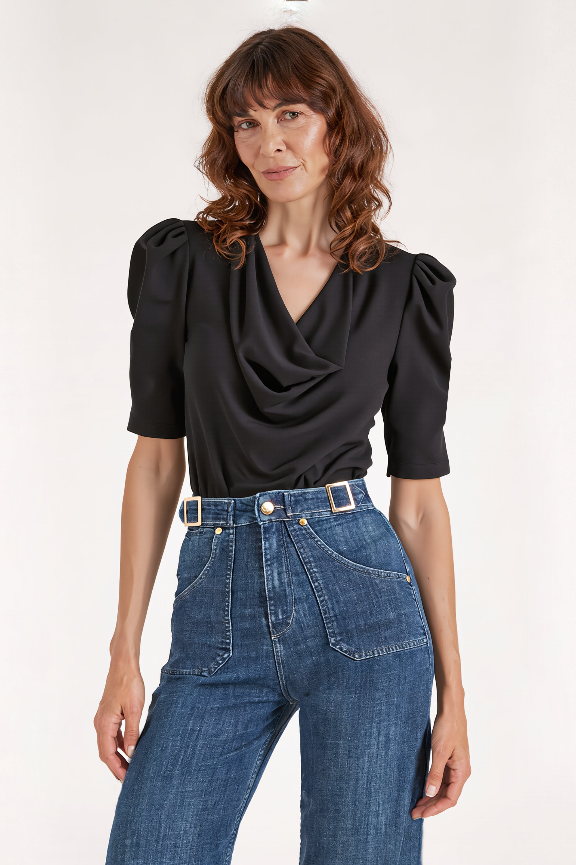 Fiona The Puff Sleeve Cowl Neck Tee | Noir [Black]