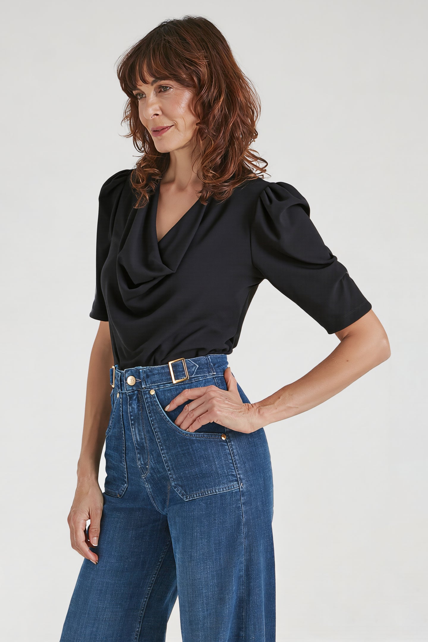 Fiona The Puff Sleeve Cowl Neck Tee | Noir [Black]