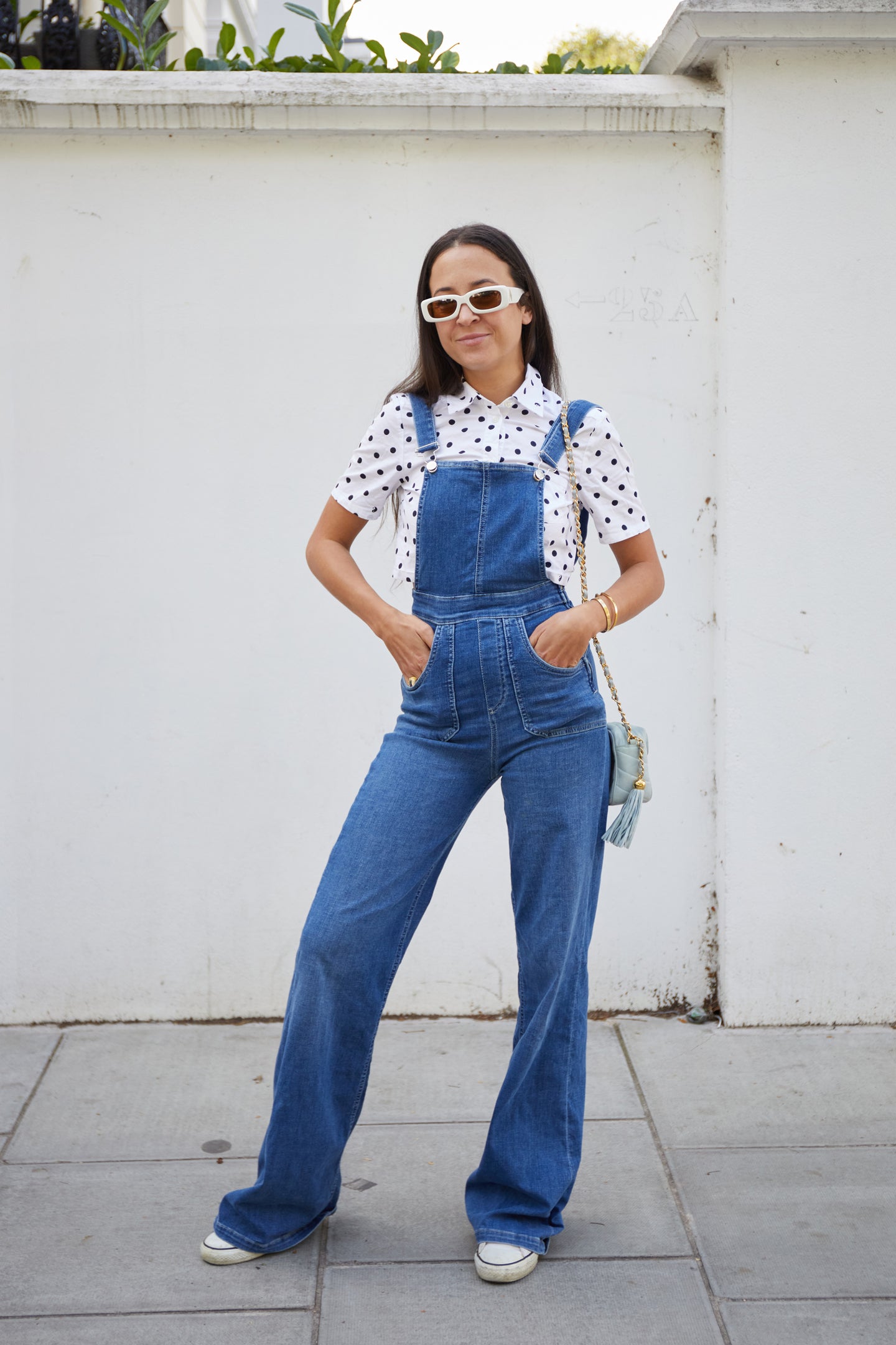 womens denim dungarees wide leg blue heather