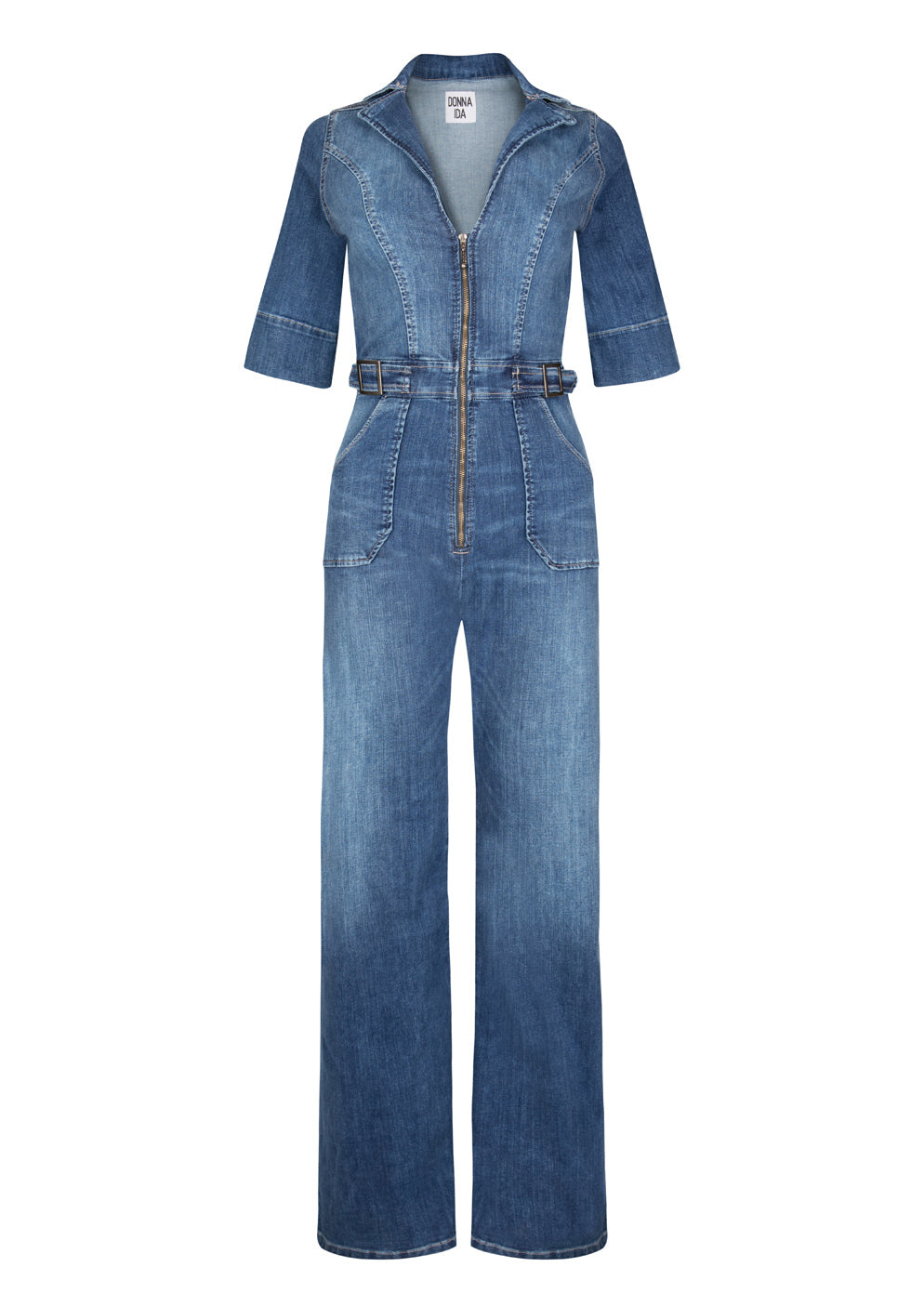 flared jumpsuit denim blue flattering cassandra