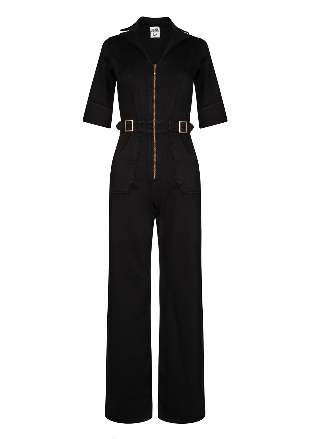 flared jumpsuit black denim flattering cassandra