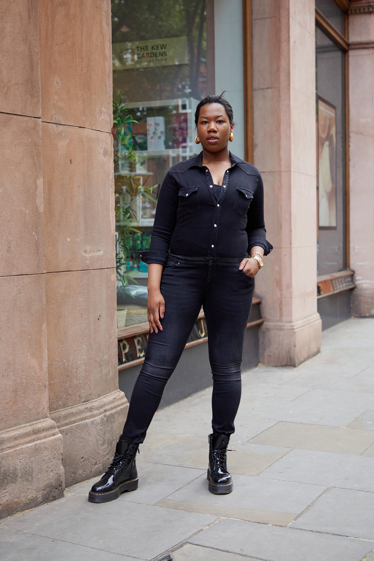Black denim boiler suit sales