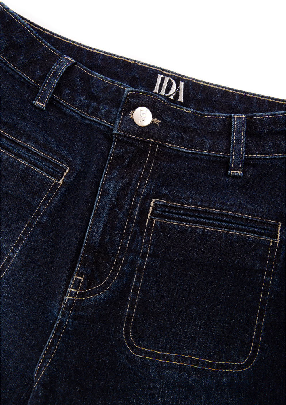 dark blue wash denim wide leg jeans high waisted patch pocket kate